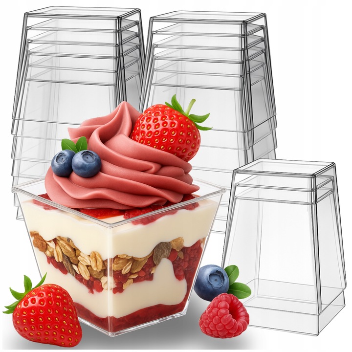 KUBEK PUCHARKI NA PRZEKĄSKI DESERY 120ml 50szt POJEMNIK NA DESER KWADRATOWY