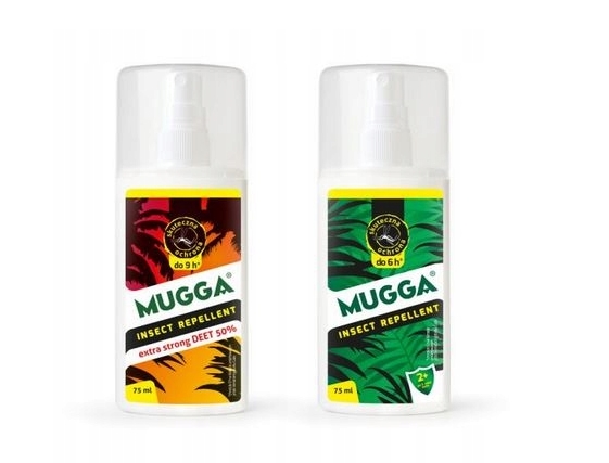 MUGGA 9,5% DEET + MUGA 50% DEET MOCNA NA KOMARY KLESZCZE tropikalne