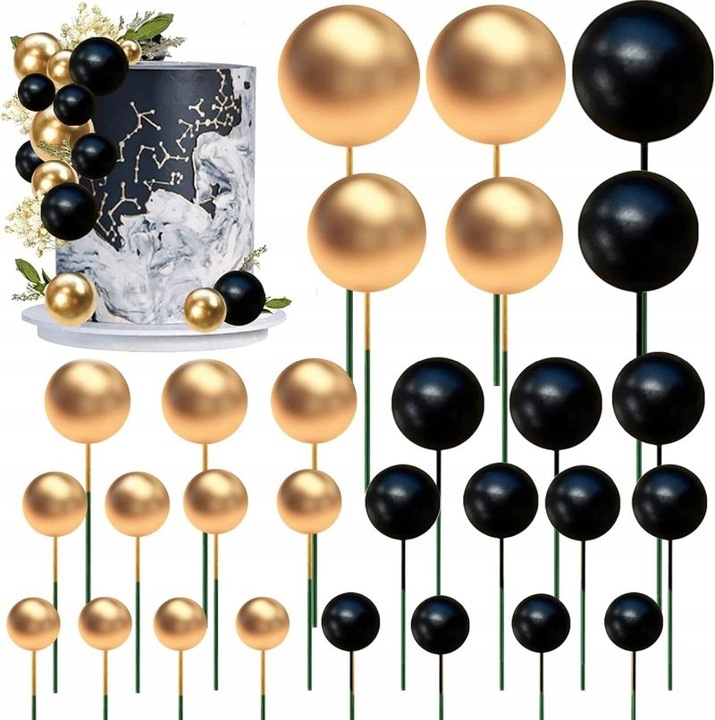 DEKORACJA TOPER TOPPER NA TORT ZŁOTE CZARNE KULE MIX NA PIKU ZESTAW 50 szt