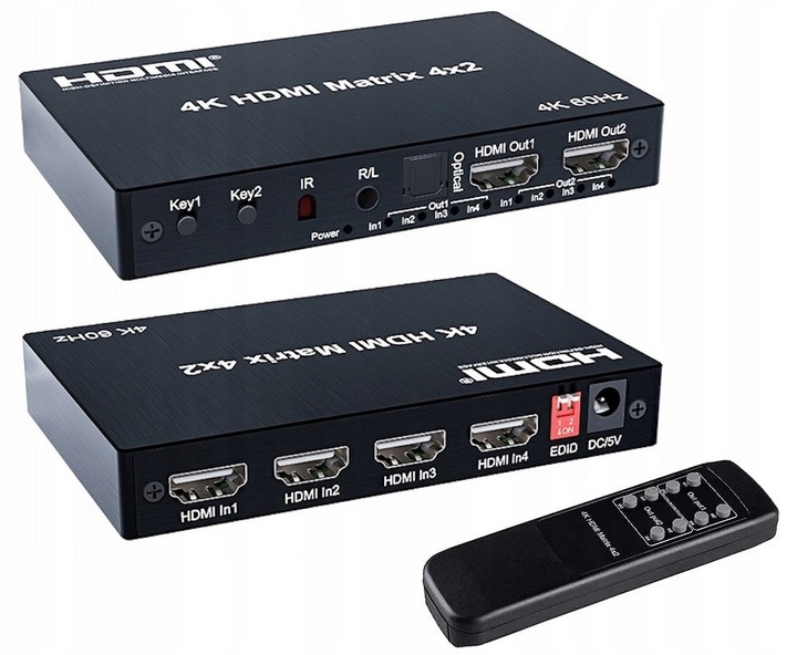 Matrix HDMI Switch Splitter 4x2 4K HDCP Rozdzielacz Toslink Jack + Pilot IR