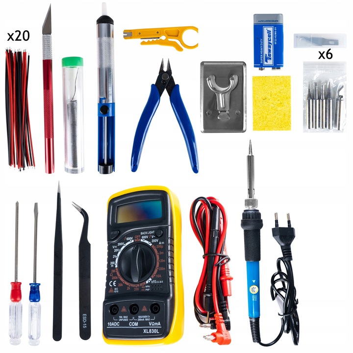 Lutownica Zestaw Narzędzi Do Lutowania 40 Elementów Multimetr Groty Cyna