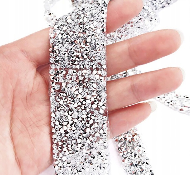 TAŚMA TERMO 1m ozdobna cyrkonie hotfix termoprzylepna cyrkoniami srebrna
