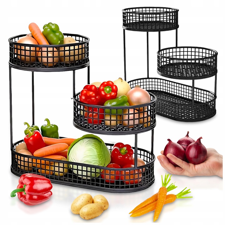 KOSZ NA OWOCE WARZYWA 3 POZIOMOWY METALOWY CZARNY KOSZYK STOJAK