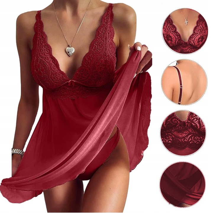 KOSZULKA NOCNA SEXY KOMPLET BIELIZNA EROTYCZNA SEKSOWNA HALKA STRINGI L/XL