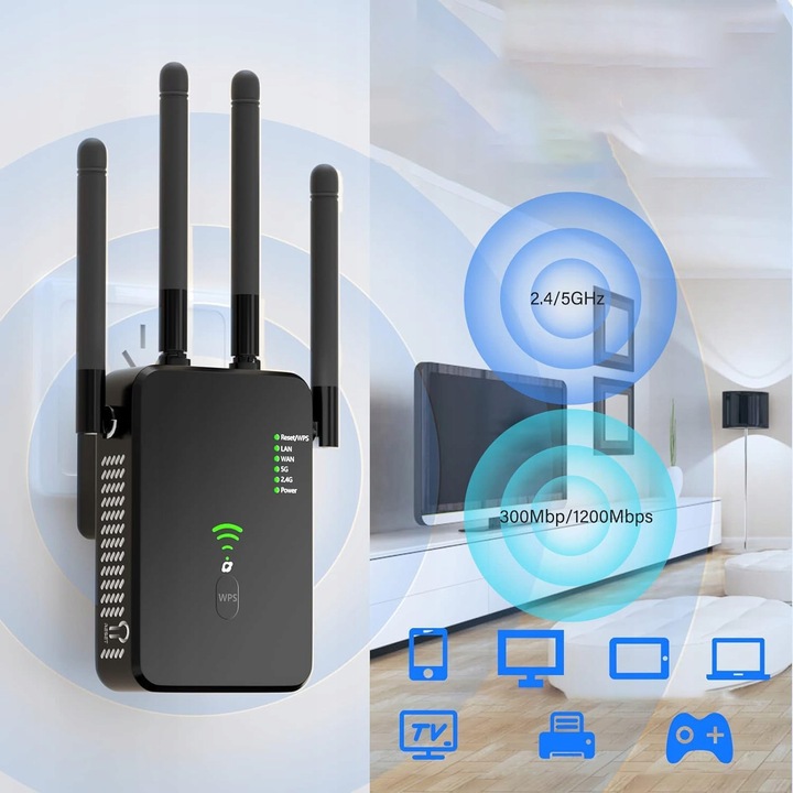 WZMACNIACZ SYGNAŁU WI-FI MOCNY REPEATER 1200MB/S 2.4GGHZ 5GHZ DWUZAKRESOWY