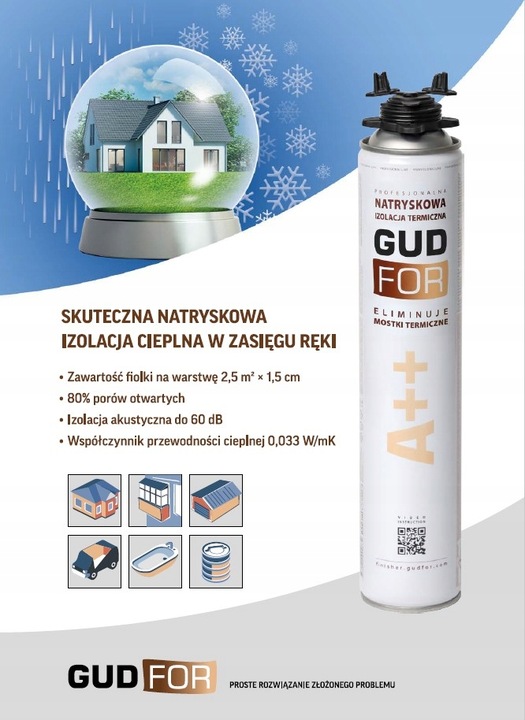 Pianka PUR do ociepleń izolacji, 2 dysze do natryskiwania 850ml GUDFOR A++