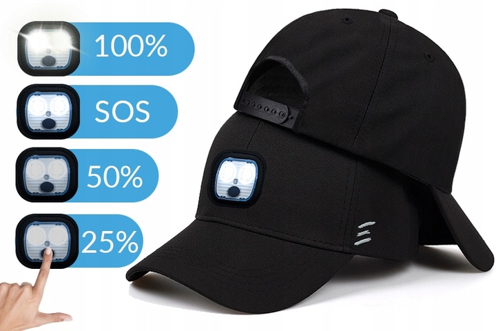 CZARNA CZAPKA Z DASZKIEM Z LATARKĄ USB POCZWÓRNE MOCNE DIODY LED WEBSKI