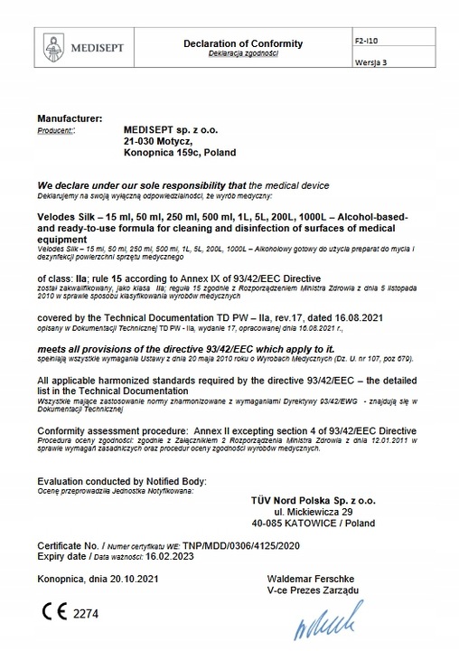 VELODES SILK 500ml Płyn Dezynfekcja Rąk