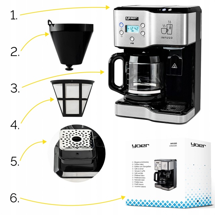 Ekspres przelewowy kawy 2w1 Yoer 1900W +Dystrybutor wody na herbatę