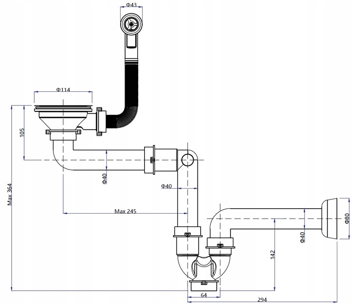 SYFON do ZLEWU jednokomorowego oszczedzajacy miejsce czarny PRZYSCIENNY 2w1
