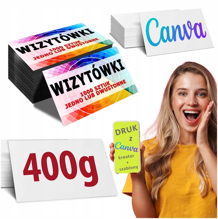 WIZYTÓWKI 1000 szt JEDNO / DWUSTRONNE JAKOŚĆ 400g! SZTYWNE! KREATOR ONLINE