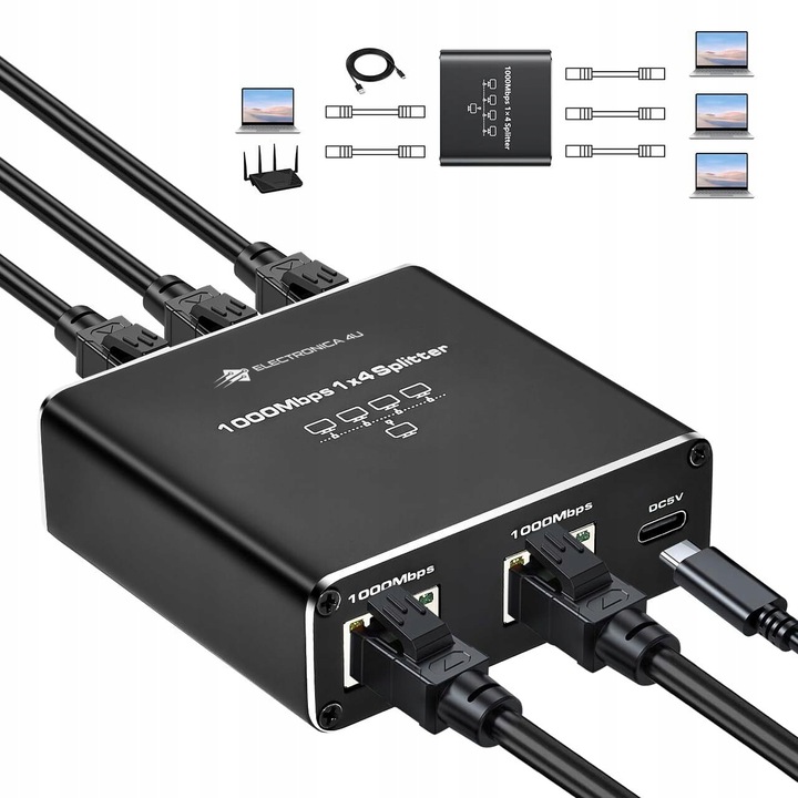 Adapter rozdzielacz mini Switch splitter LAN Ethernet RJ45 4xRJ45 1000M 1GB