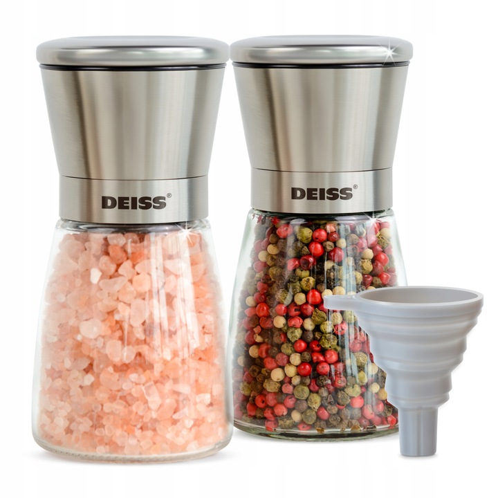 Deiss PRO Zestaw młynków do pieprzu i soli, 2 ręczne młynki i mały lejek