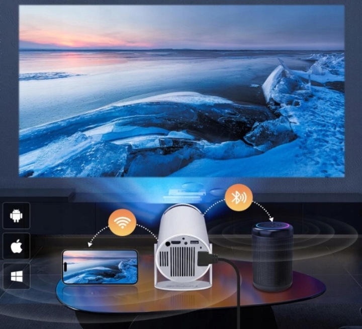 PROJEKTOR RZUTNIK ANDROID TV WIFI MINI 4K PRZENOŚNY SMART GŁOŚNIK OBROTOWY