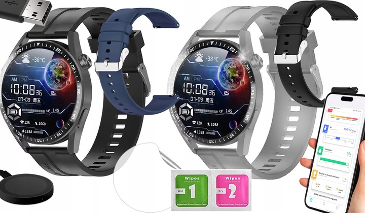 SMARTWATCH ZEGAREK POLSKIE MENU ROZMOWY SPORT SMART WATCH MĘSKI 2 PASKI