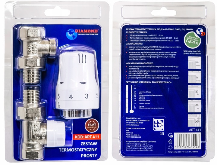 ZESTAW TERMOSTATYCZNY PROSTY ZAWÓR ZASILAJĄCY POWROTNY GŁOWICA DO