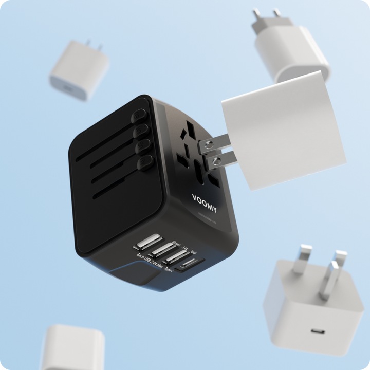 Wtyczka światowa VOOMY - 170+ krajów, 20W, 3 USB-A & 1 USB-C, Czarna