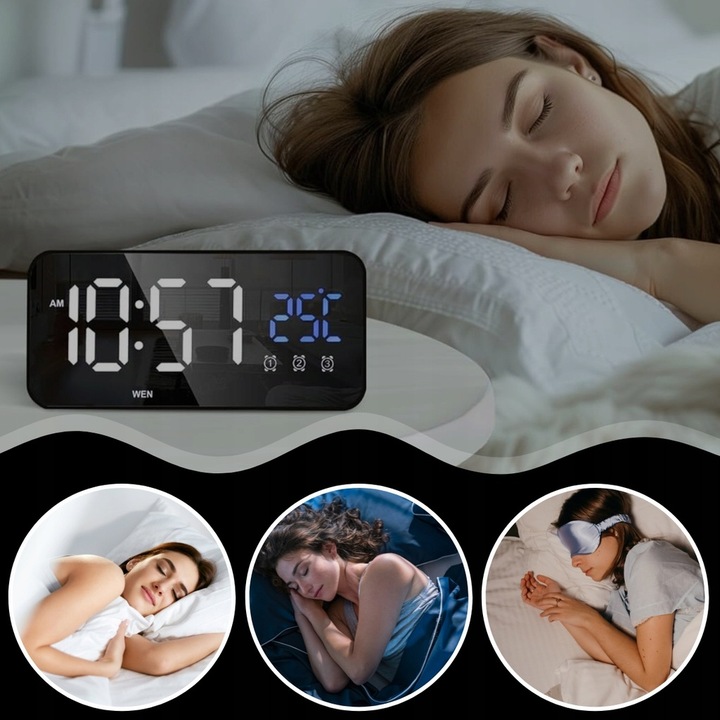 BUDZIK ELEKTRONICZNY ZEGAR LED CYFROWY STOJĄCY TERMOMETR ALARM DATA + USB