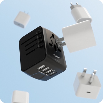 Wtyczka światowa VOOMY - 170+ krajów, 20W, 3 USB-A & 1 USB-C, Czarna