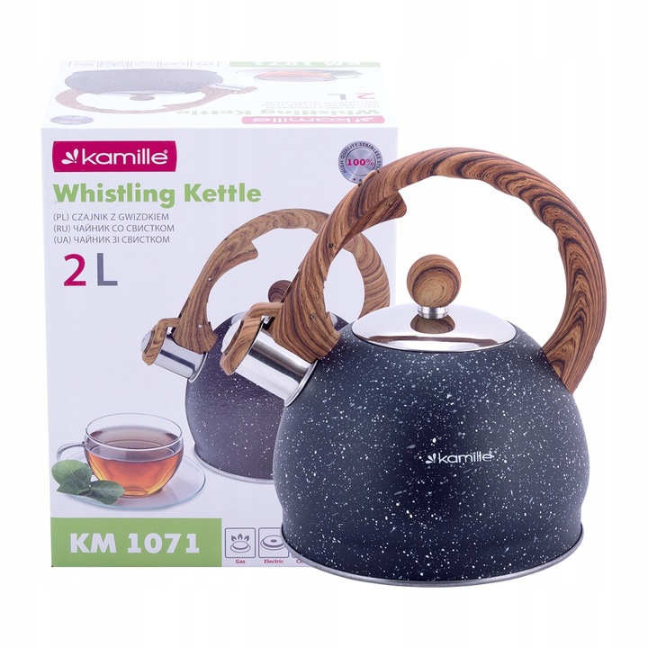 CZAJNIK NA GAZ INDUKCJA STALOWY Z GWIZDKIEM CZARNY marmurkowy 2l