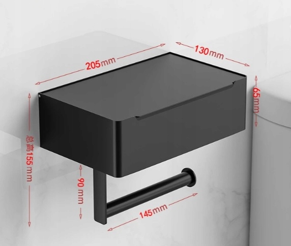 Uchwyt na Papier Toaletowy z Półką Wieszak Czarny POJEMNIK NA CHUSTECZKI WC