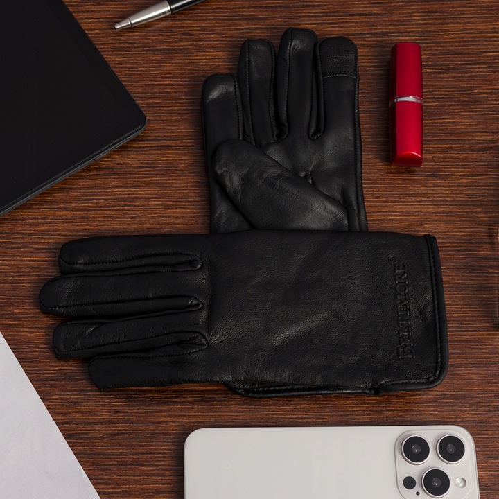 Rękawiczki skórzane damskie polar miś dotykowe pięciopalczaste