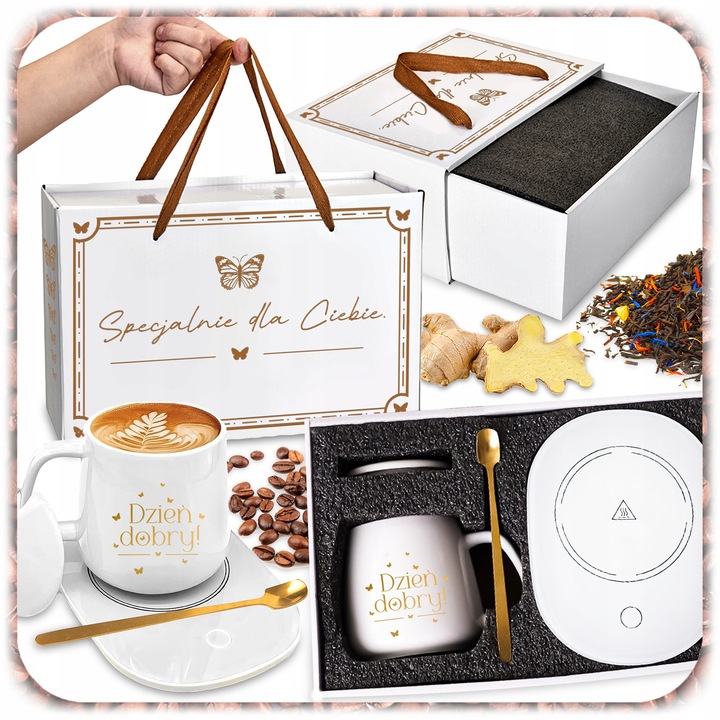 ZESTAW PREZENTOWY PODGRZEWACZ KABEL KUBEK POKRYWKA ŁYŻECZKA DO KAWY