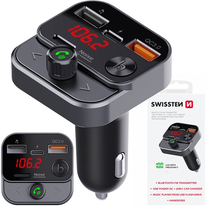 SWISSTEN Transmiter FM Bluetooth USB-A na PENDRIVE SZYBKA ŁADOWARKA USB-C