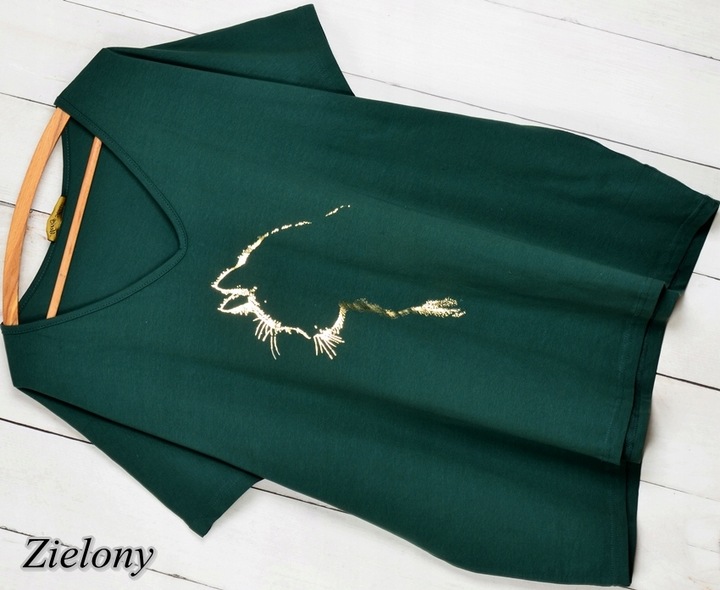 T-SHIRT KOSZULKA BAWEŁNA ZŁOTA APLIKACJA KOT KOTEK V dekolt M-XXXL T15