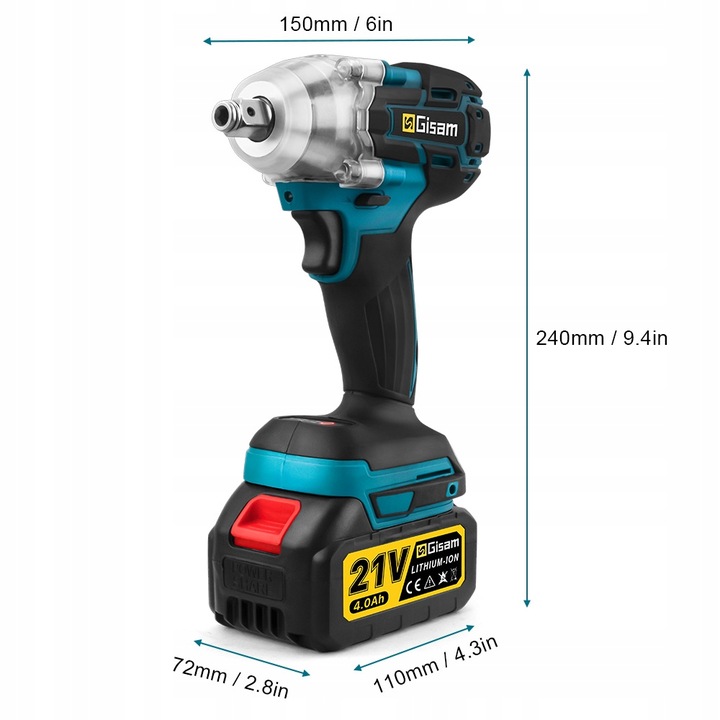 Bezszczotkowy klucz/wkrętarka udarowa 3 w 1 - akumulator, bateria i