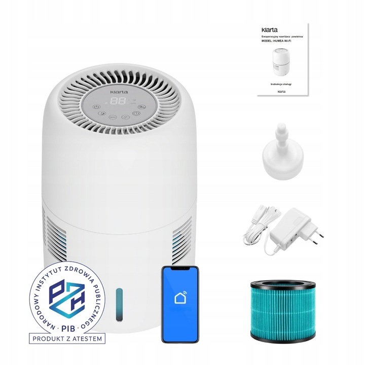 Nawilżacz ewaporacyjny KLARTA Humea White 300ML/H 3L 44M² cichy PZH