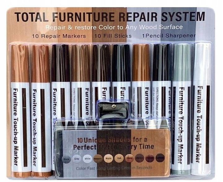 ZESTAW DO NAPRAWY PANELI MEBLI 27 sztuk MARKERY WOSKI + LAKIER UV