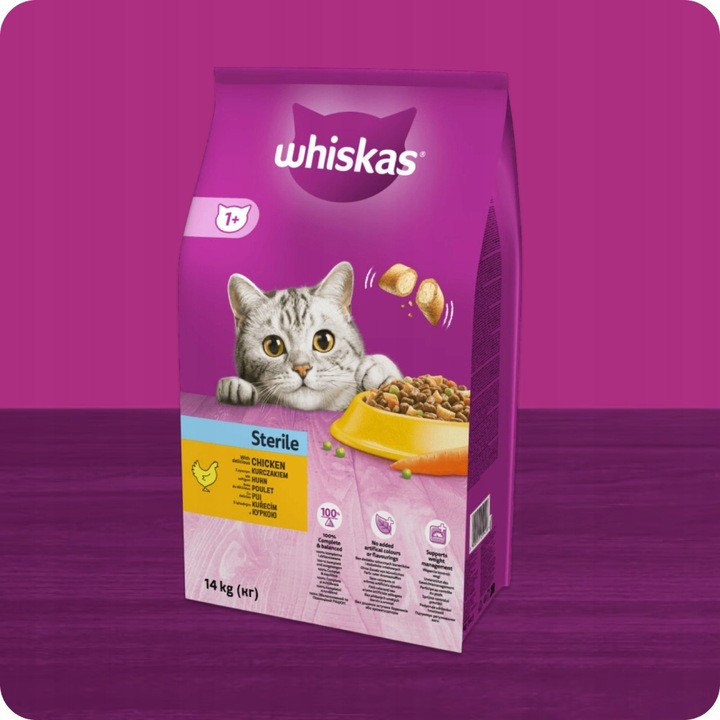 SUCHA KARMA WHISKAS STERILE DLA KOTA PO STERYLIZACJI Z KURCZAKIEM 14KG