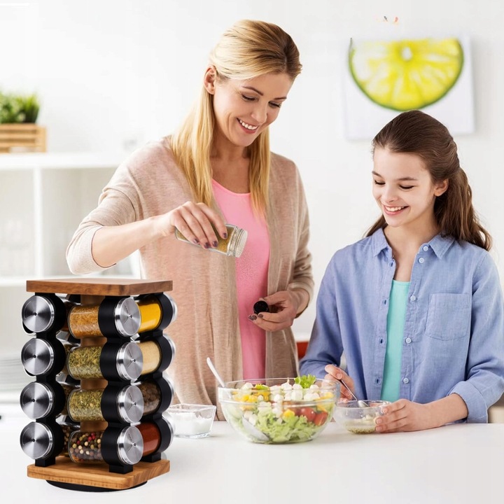 POJEMNIKI NA PRZYPRAWY STOJAK PRZYPRAWNIK OBROTOWY Drewniany 16 SŁOICZKÓW