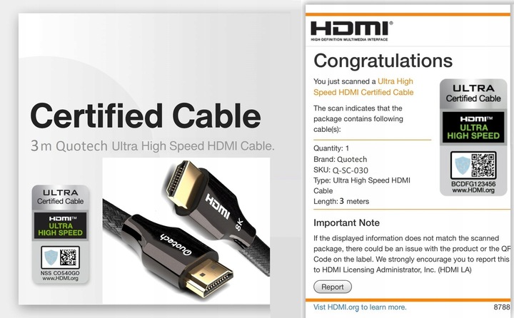 Kabel HDMI 2.1 8K Ultra High Speed QUOTECH 3m
