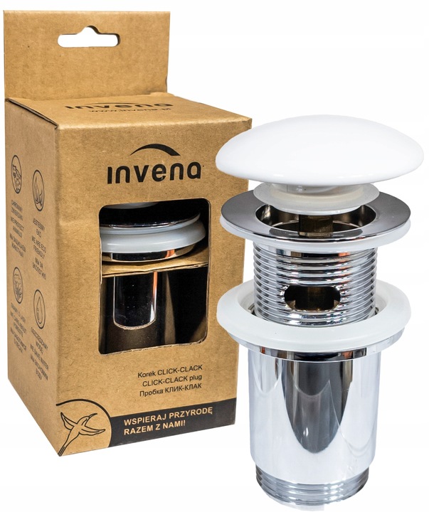 KOREK CLICK -CLACK DO UMYWALKI UNIWERSALNY CERAMICZNY BIAŁY POŁYSK INVENA