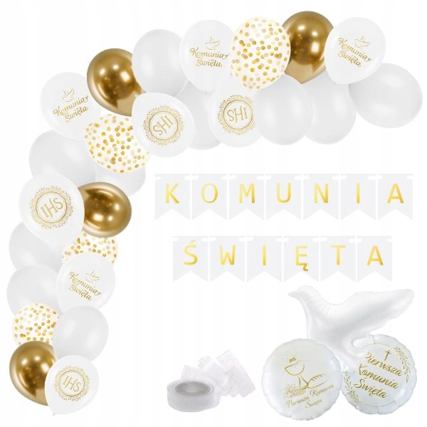 Balony na komunię dekoracje komunijne białe złote baner duży zestaw ozdoby