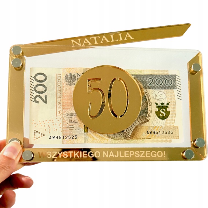 KARTKA KOPERTA PUDEŁKO NA PIENIĄDZE URODZINY IMIĘ + LICZBA ZŁOTA RAMKA