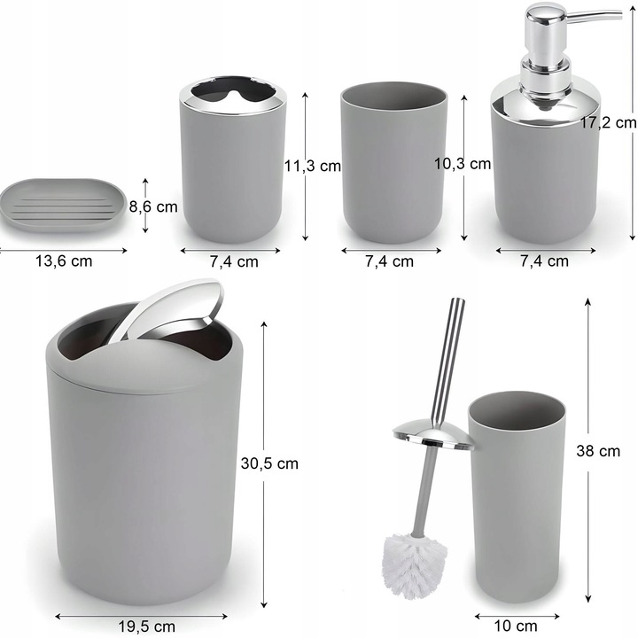 ZESTAW ŁAZIENKOWY 6 ELEMENTÓW AKCESORIA DO WC KOSZ DOZOWNIK SZARY