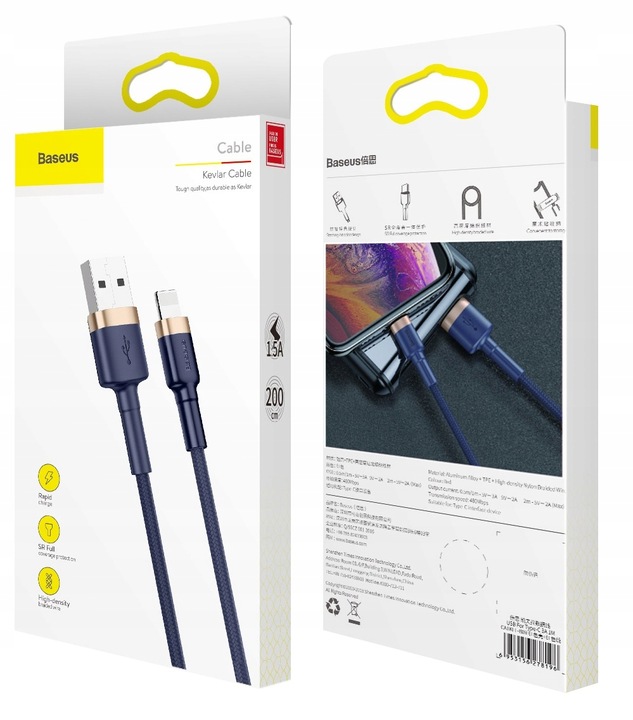 BASEUS MOCNY KABEL USB DO LIGHTNING IPHONE IPAD PRZEWÓD OPLOT 1.5A 2M