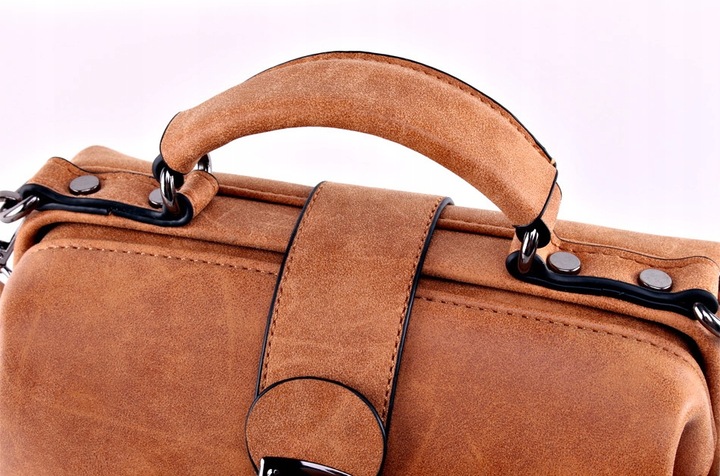 Torebka BRĄZOWA Kuferek Zamsz Skórka Pojemna Damska zatrzask