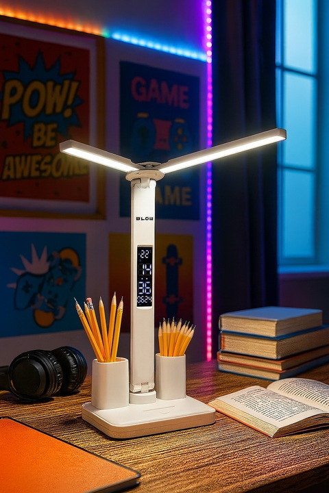 PODWÓJNA LAMPKA BIURKOWA LED Z WYŚWIETLACZEM ZEGAR DATA ORGANIZER TEMP