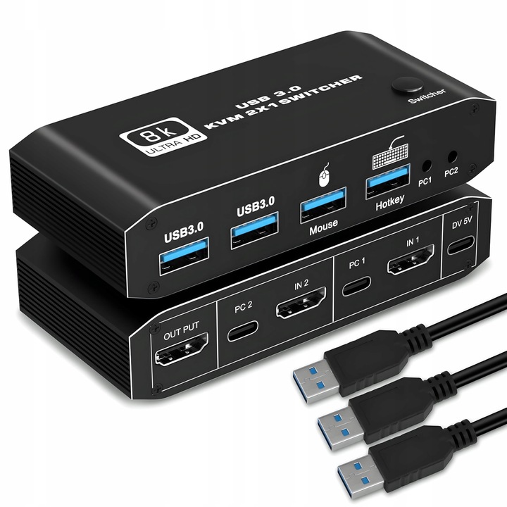 Przełącznik KVM HDMI 2.1 Konsola Switch 4K 120Hz 8K 2 4xUSB 3.0 2xPC 1Ekran