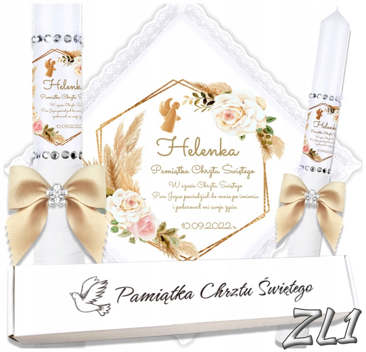 Biała szatka i świeca do chrztu ECO imię i data BOHO gromnica pudełko