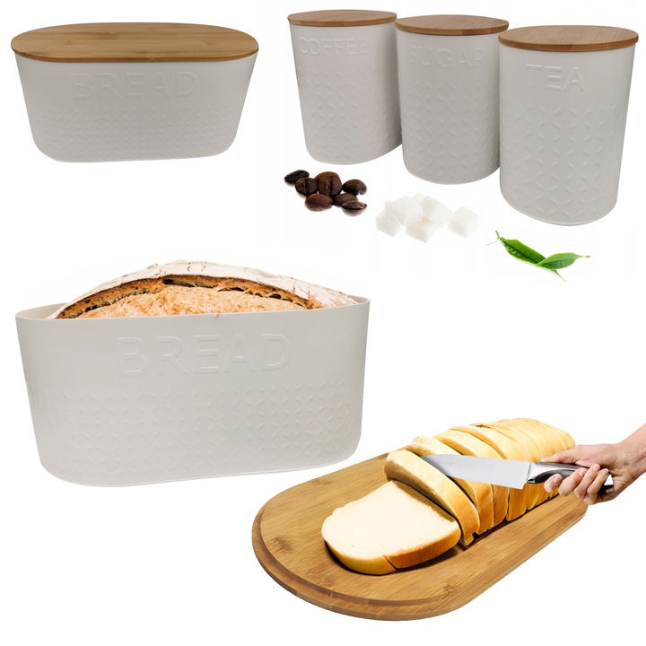 ZESTAW 5W1 CHLEBAK + POJEMNIKI NA KAWĘ CUKIER HERBATĘ DESKA KROJENIA CHZ03