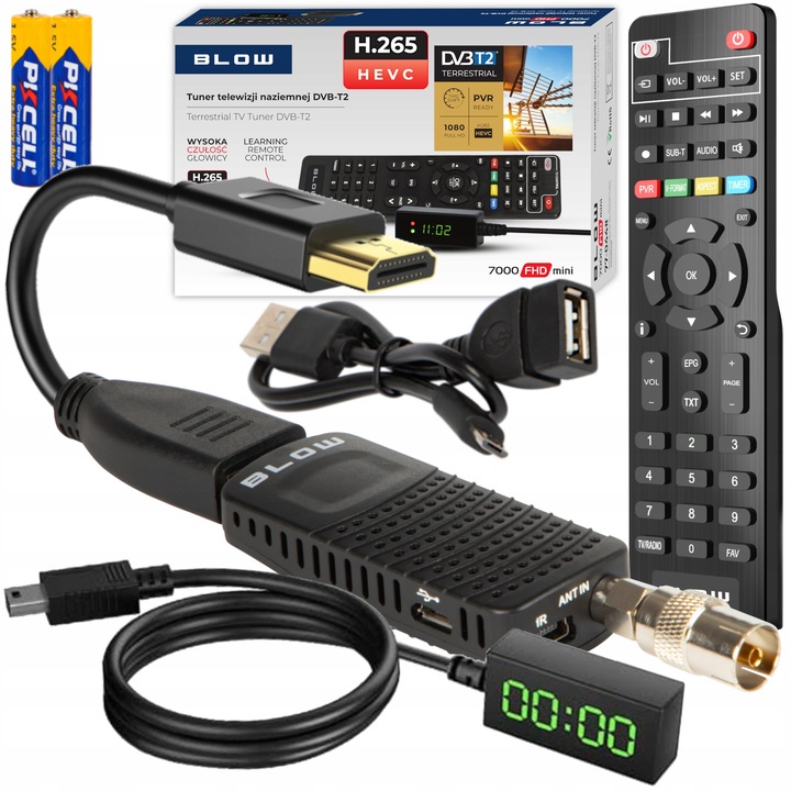 DEKODER TUNER TV DVB-T2 HEVC H.265 FULL HD MINI STICK PILOT BATERIE ZESTAW