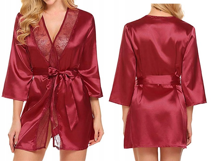 SATYNOWY SZLAFROK DAMSKI PODOMKA Z KORONKĄ ELEGANCKI PENIUAR STRINGI KOLORY