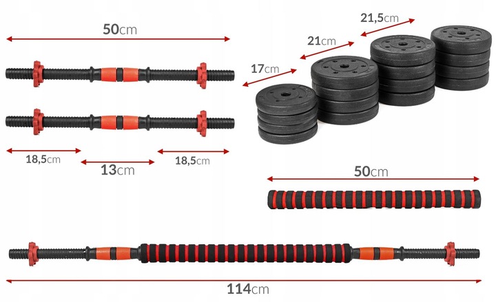 2W1 HANTLE BITUMICZNE REGULOWANE 2x20 KG + SZTANGA = ZESTAW HANTLI 40 KG