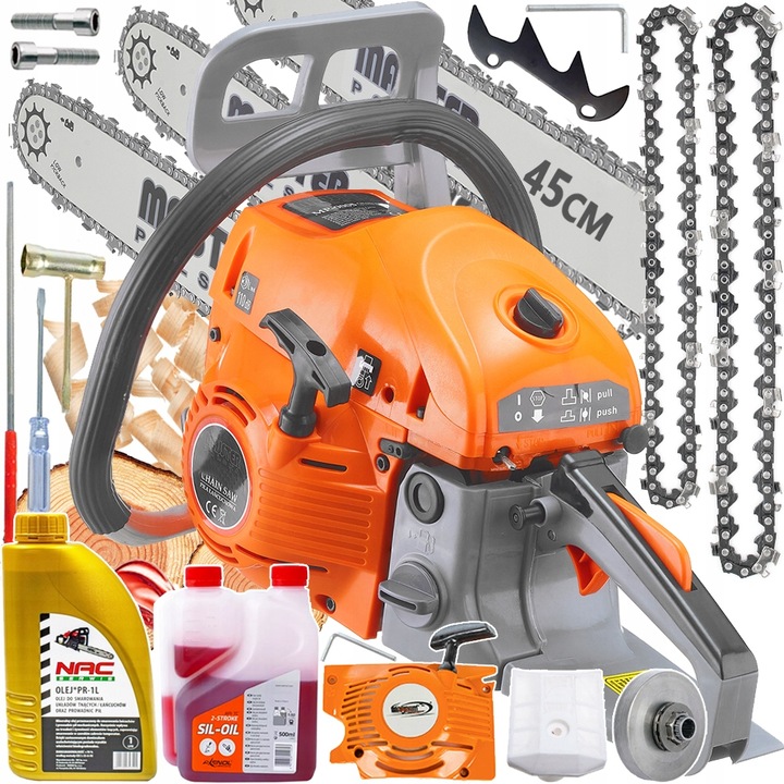 PIŁA SPALINOWA PILARKA ŁAŃCUCHOWA DO DREWNA 2X ŁAŃCUCH 2X PROWADNICA 2xOLEJ