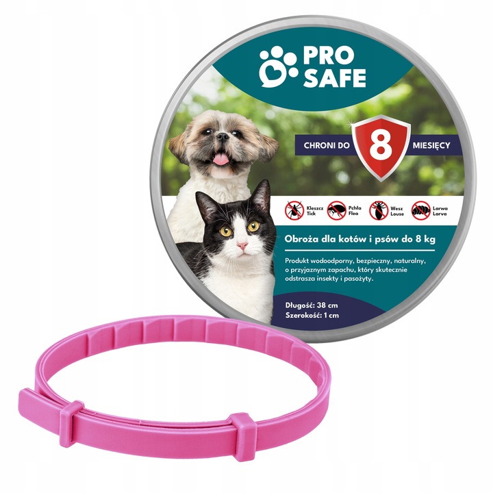 PRO SAFE Obroża na KLESZCZE PCHŁY psów kotów do 8kg ANTYKLESZCZOWA 38cm
